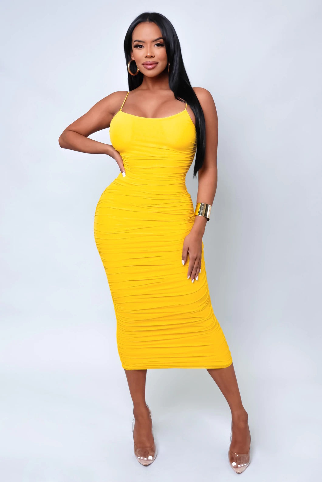 Arielle Runched Midi Dress (Yellow)